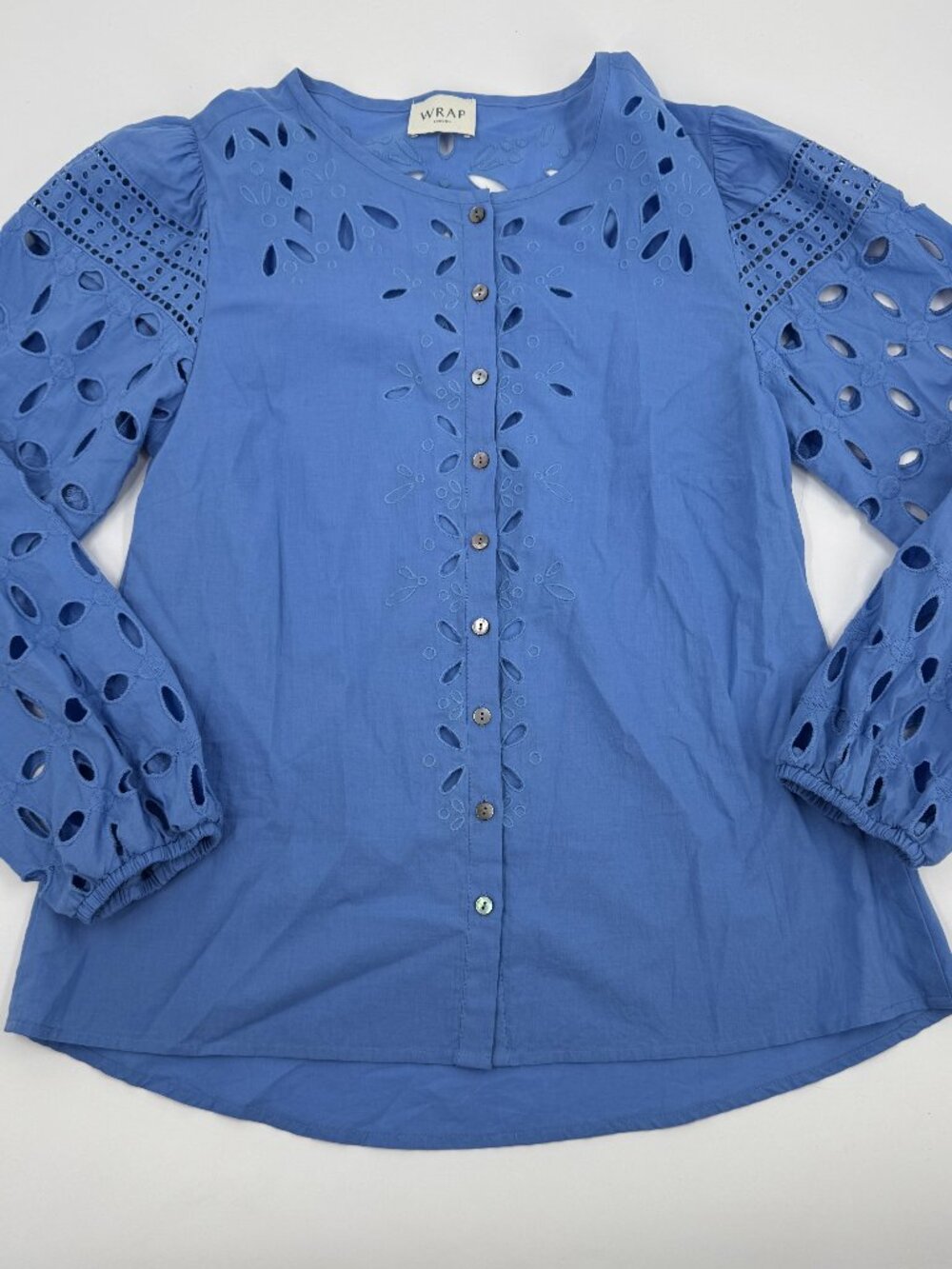 Wrap London Eyelet Blouse Womens 8 Blue‎ Cotton Button Front Puff Sleeve ZK23